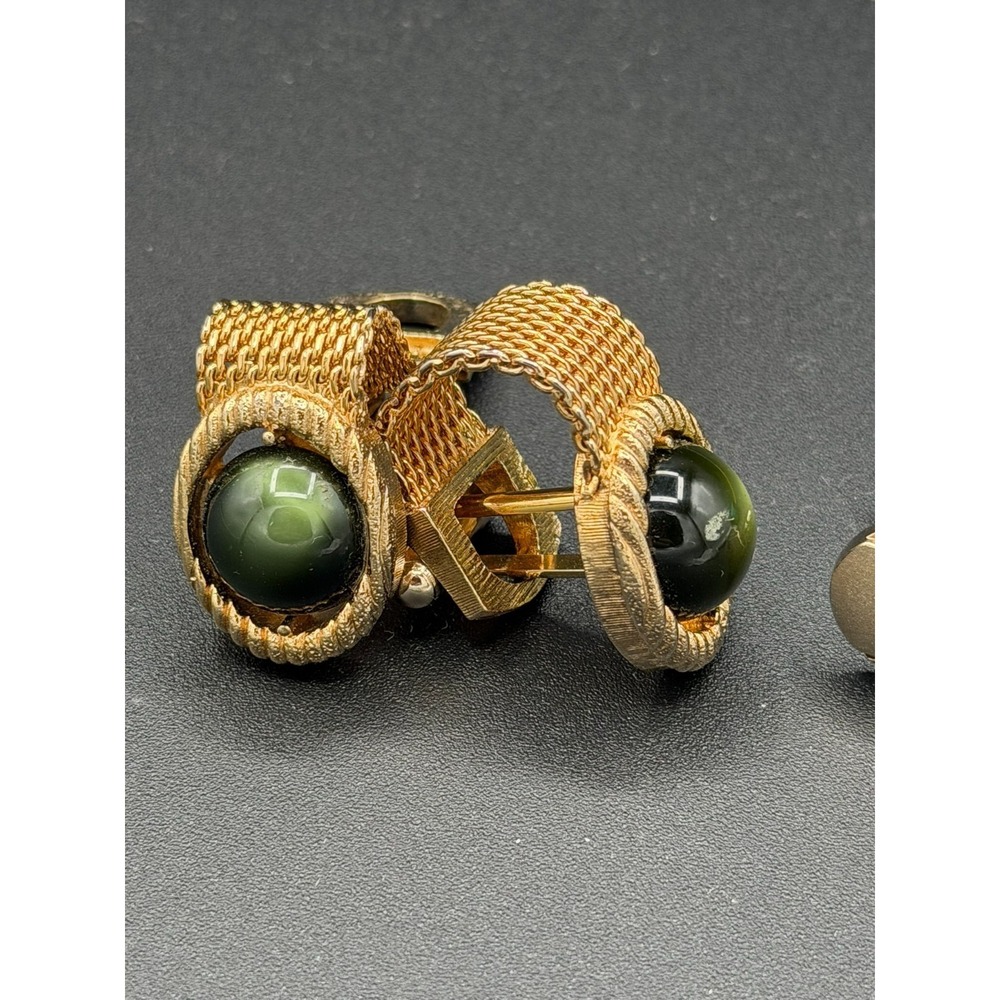 Vintage Gold Tone Cufflinks Lot – Tiger's Eye & Green Cabochon Mid Century Style - Picture 2 of 4